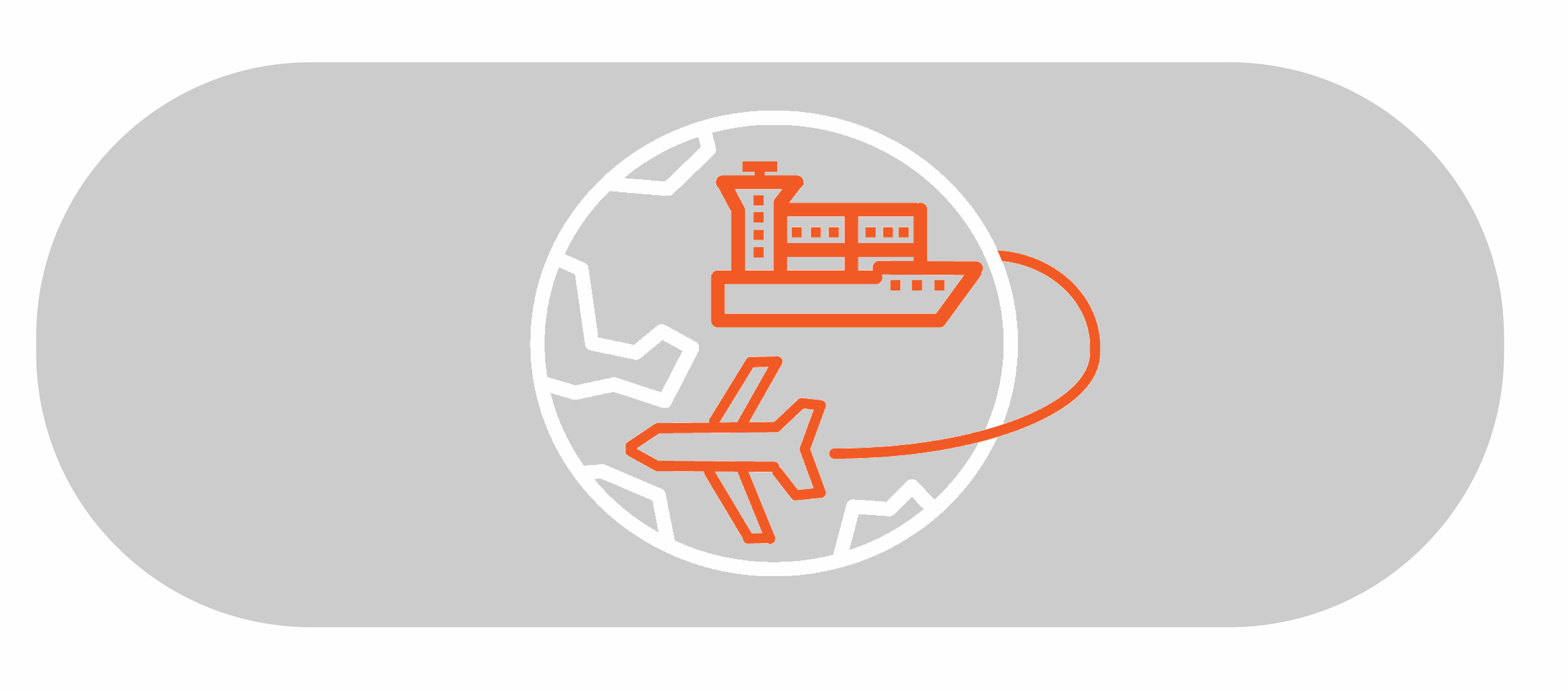 Vector art sat against a grey background of the earth with a plane flying over and boat sailing overseas, both are carrying goods.