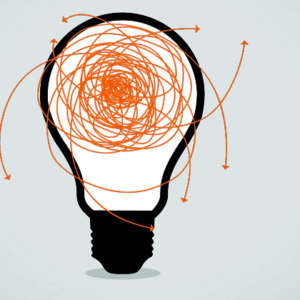 Illustration of a lightbulb with scattered orange lines covering the bulb